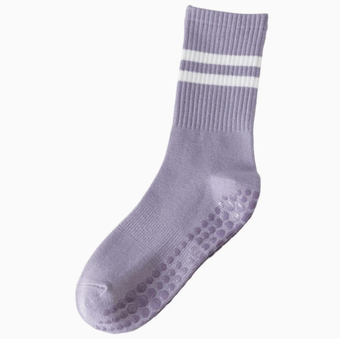Purple crew sock with white stripes and a visible dotted sole pattern