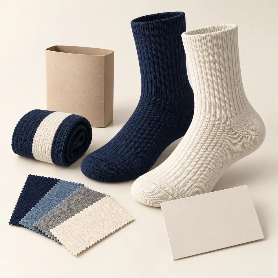 AI-generated sock customization concept with socks, color swatches and packaging